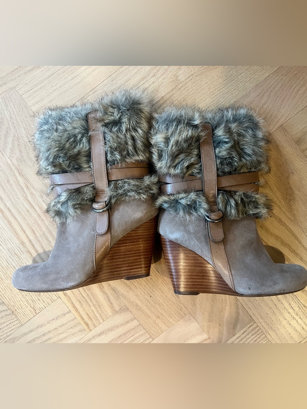 Fergie Taupe Faux Fur Trim Wedge Booties